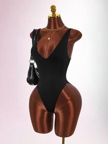 Amplova Women's Solid Color Deep V-Neck Sleeveless Sexy Bodysuit - Black - View 4