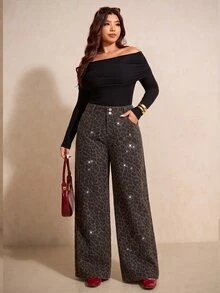 SHEIN MOD Plus Size Women's Leopard Print Casual Daily Wide Leg Denim Jeans - Brown - View 5