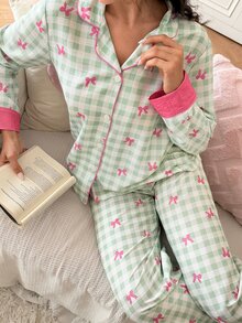 SweetSlumber Plaid Bow Bubble Puff Women's Pajama Set - Green - View 3