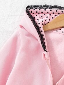 بلوزة رياضية هوديي رياضية مبطنة بالصوف الحراري مع سحاب، مزينة برسومات فيونكة ونقاط بولكا، لفتاة صغيرة، للخريف والشتاء - وردي - مشاهدة 7