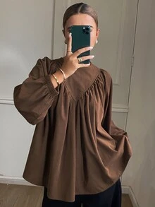 Dazy Tall Blus Wanita Warna Polos Longgar Leher Bulat Lengan Tiga Perempat Bahan Korduroi Berkerut Kasual untuk Liburan Musim Semi Musim Gugur - Coklat - View 7