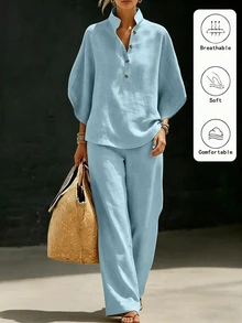 Linhara CURVE Plus Size Button Half-Placket Top And Pants Set Summer Holiday Beach - Blue - View 1