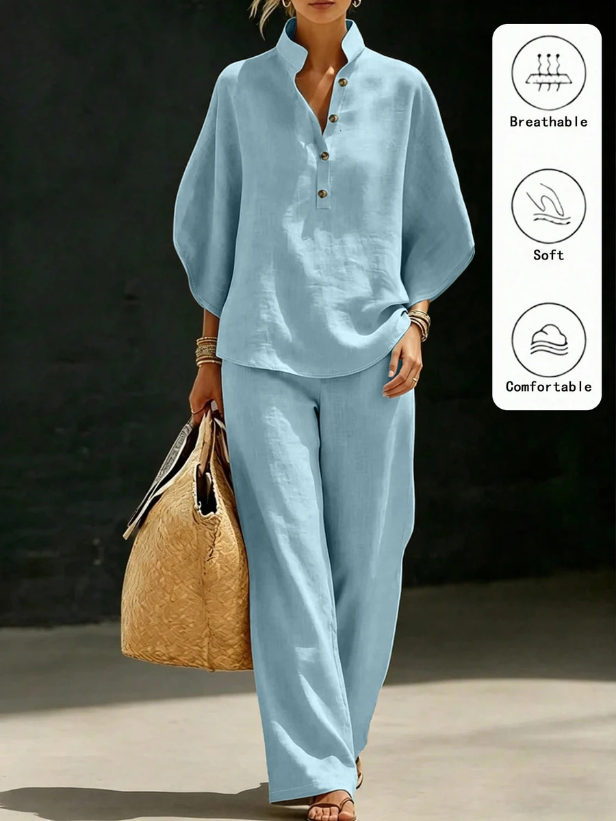 Linhara CURVE Plus Size Button Half-Placket Top And Pants Set Summer Holiday Beach - Blue - View 1