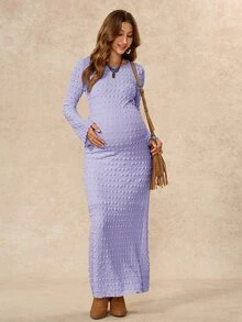 Boho Mama 孕婦純色紋理圓領長袖修身優雅洋裝 - 淡紫色 - 查看 7