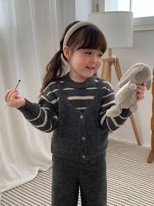 DAZY Infant Girl Round Neck 2 In 1 Korean Style Striped Long Sleeve Sweater Set - Grey - View 3