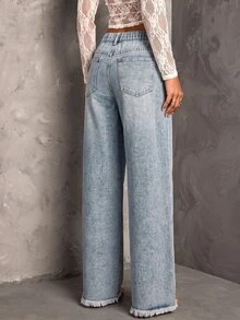 SHEIN MOD Women's Street Style Rhinestone Button Pocket Frayed Hem Jeans - Light Wash - View 2