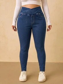SHEIN MOD بنطلون جينز نسائي مقاس كبير بخصر غير متماثل للارتداء اليومي الكاجوال - أزرق متوسط - مشاهدة 5