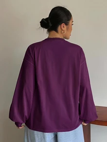 Dazy Plus Small Round Neck Solid Color Casual Versatile Side Slit Design Long Sleeve White Spring Summer Autumn T-Shirt - Purple - View 2