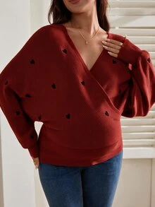 SHEIN 孕婦哺乳心形刺繡優雅長袖針織衫 - 紅木色 - 查看 7