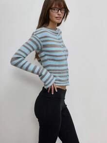 MUSERA Striped Fuzzy Knit Long Sleeve Cardigan Top Autumn Cute Daily Girly Sweet Mischief - Blue - View 4