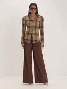MUSEYN Checked Shoulder Pads Back Cinch Detail Shirts Versatile Everyday Casual Fall - Multicolor - View 2