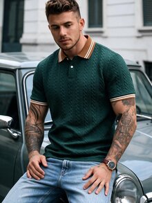 Manfinity CasualCool 英式風格拼色領波浪圖案提花 Polo 衫 男士高級百搭短袖 T 恤 - 墨綠色 - 查看 2