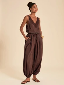 Travachic Women's Lace Patchwork Casual Daily Wear Romper - Coffee Brown - View 5