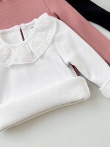 SHEIN 女嬰秋冬白色針織彼得潘領長袖上衣，附保暖內裡 - 白色 - 查看 7