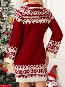 SHEIN Clasi Gaun Rajut Lengan Panjang Leher Bulat Motif Fair Isle untuk Natal Wanita - Red and White - View 2