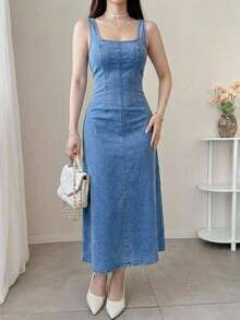 DAZY Đầm denim giặt màu trơn sát nách cổ bẻ phong cách thường ngày cho nữ mùa hè - Rửa nhẹ - Xem 5