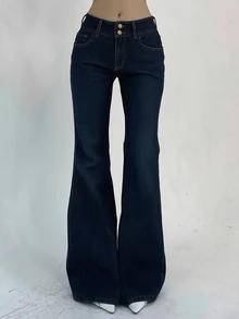 DAZY Women's Double-Breasted Zipper Half-Placket Elegant Fashion Versatile Denim Flare Pants - Dark Wash - View 2