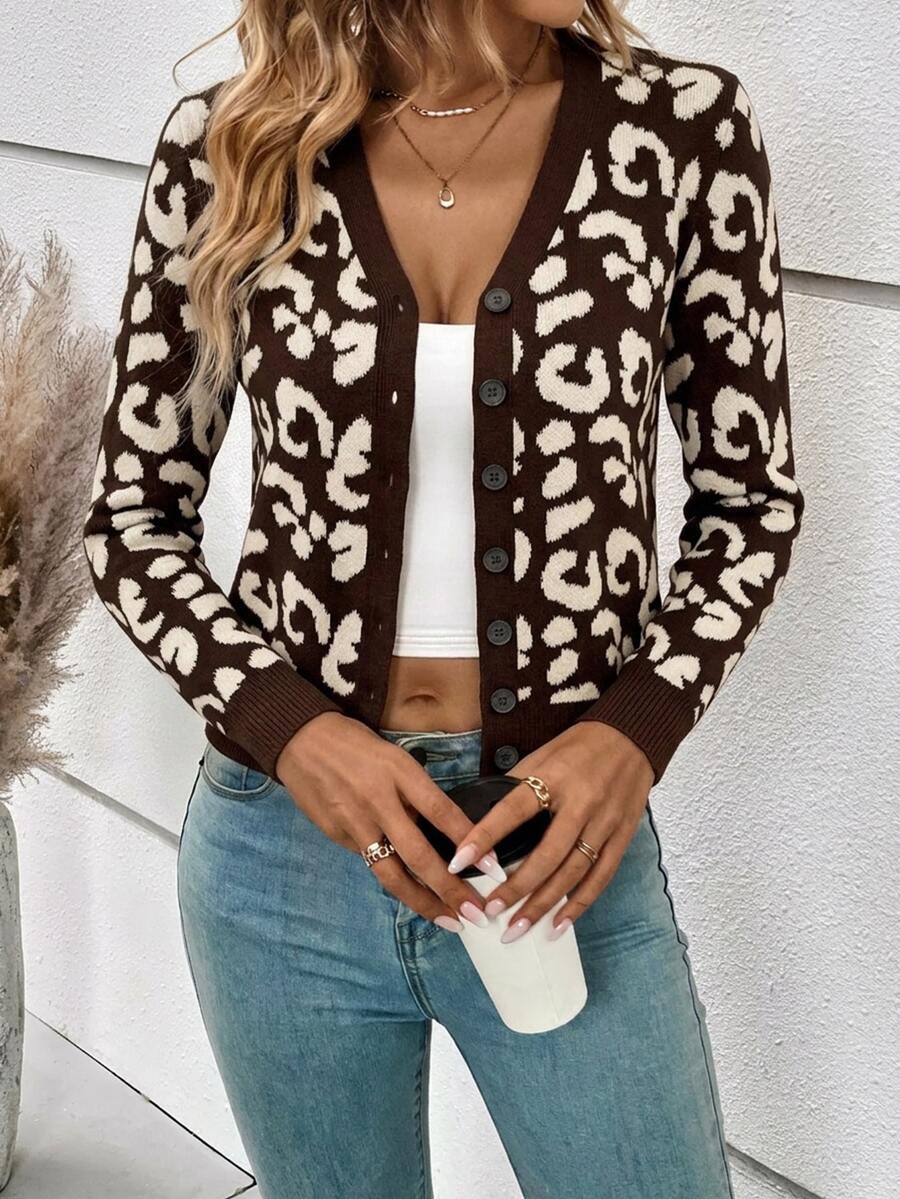 SHEIN Frenchy Women's Leopard Print Long Sleeve Single-Breasted Knit Thin Cardigan - Multicolor - View 1