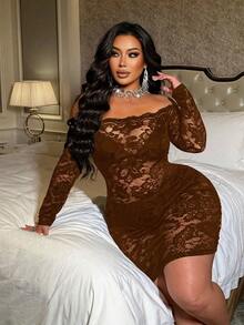 NU&NOW Sexy Lace Sheer Patchwork Off-Shoulder Long Sleeve Dress - Brown - View 5