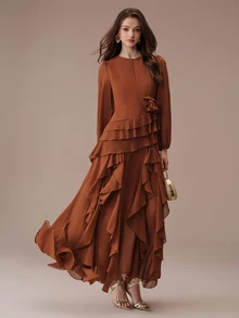 BELROSIE Gaun Panjang Ekstra Wanita Desain Romantis Elegan Berlapis-lapis Bahan Chiffon Warna Polos Musim Gugur/Musim Dingin, Cocok untuk Pesta Makan Malam Thanksgiving/Malam Hari dengan Nuansa Cokelat - Jeruk - View 2