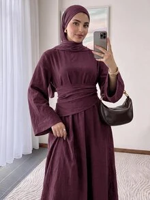 Solavon Women's Solid Color Round Neck Flared Sleeve Ruched Waist Elegant Modest Long Dress Everyday Bday Burgundy Autumn - Burgundy - View 8