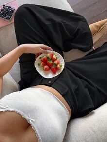 SHEIN PETITE CURVE 純色休閒極簡寬鬆舒適長褲 - 黑色 - 查看 6