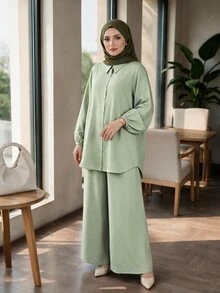Auveirra Plus Size Women Solid Color Long Sleeve Top And Pants Casual Daily 2 Pieces Set - Green - View 5