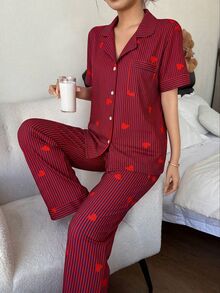 SHEIN 條紋愛心印花翻領短袖長褲女款睡衣套裝 - 彩色 - 查看 3