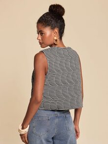 Travachic Women's Plaid Open Front Casual Vest Jacket - Black and White - View 2