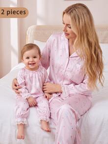 Infant Girl Ditsy Floral Print Pattern 3D Bow Ruffle Trim Cuffs Long Sleeve Pants Satin Set Loungewear - Pink - View 7