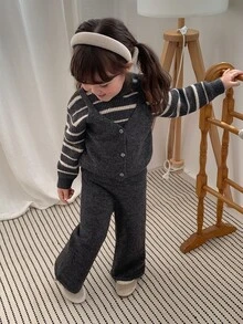 DAZY Infant Girl Round Neck 2 In 1 Korean Style Striped Long Sleeve Sweater Set - Grey - View 6