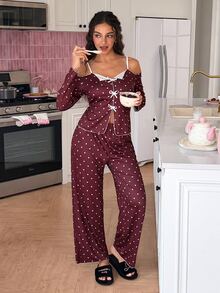 SweetSlumber Women's Heart Print Knit Fabric Long Sleeve Pants Pajama Set - Red and White - View 4