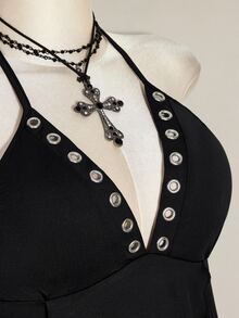 SHEIN ICON Plus Size Y2K Eyelet Decor Halter Neck Black Knit Sexy Top - Black - View 7