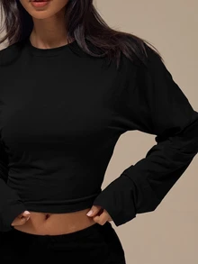 MUSERA ESSENTIALS Black Fitted Cinched Waist Long Sleeve Cropped Top Autumn Winter Fall Basics Casual City Break Essential - Black - View 5