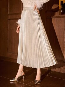 MOTF PREMIUM WOMEN'S PLEATED METALLIC COATED FASHIONABLE CEREMONIAL SKIRT, AUTUMN/WINTER - Silver - View 8