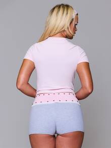 MUSERA Silver Foil Graphic Printed Fitted Crewneck Tee Autumn Fall Winter Daily Back To School Pink Pony - Pink - View 5