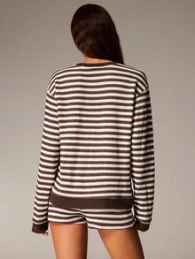Athîral Women's Relaxed Fit Blue White Stripe Rib Knit Two Pieces Set,Long Sleeve Top,Drawstring Shorts,Fall Y2K Casual Loungewear For Home,Everyday Lounge - Multicolor - View 2