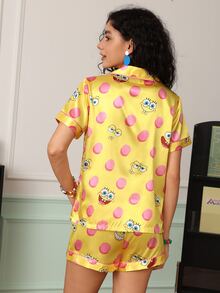 Chillnights SpongeBob SquarePants | SHEIN 女款卡通印花短袖上衣與短褲休閒日常居家睡衣套裝 - 彩色 - 查看 4