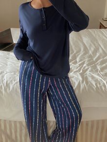 DAZY Women's Solid Color Long Sleeve Top And Striped Long Pants Casual Daily Home Sleepwear Set - Navy Blue - View 1