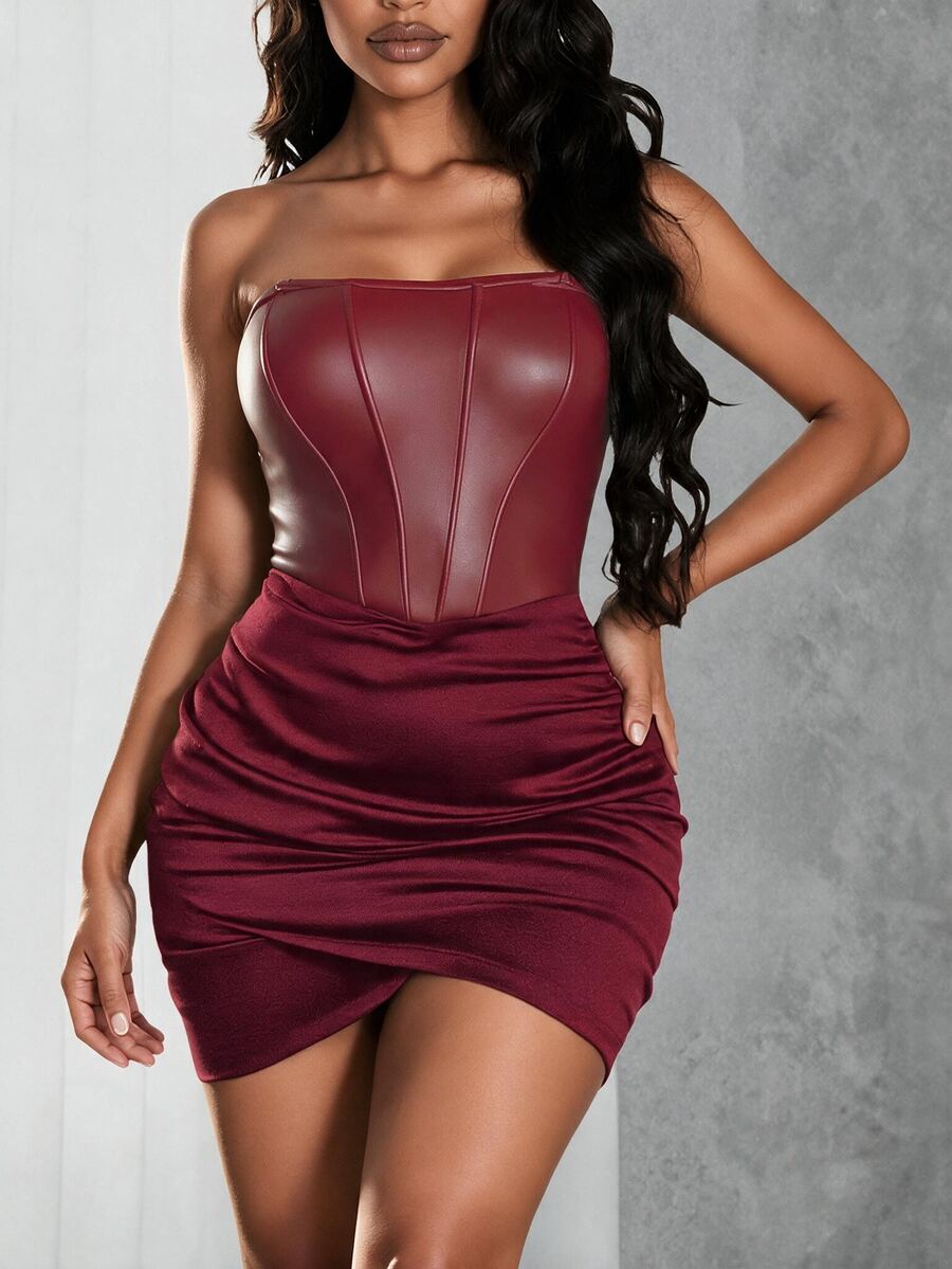 VaVaBold Women's Sexy Ruched Strapless Bodycon Dress - Burgundy - View 1
