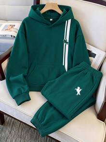 SHEIN 兒童青少年男孩騎士圖案長袖連帽衛衣與長褲套裝 - 墨綠色 - 查看 2