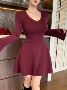 DAZY Women's Elegant Elegant Long Sleeve Sweater Dress Winter - Burgundy - View 7