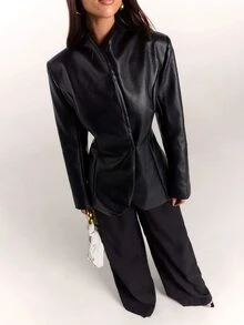 SHEIN BAE Women's Solid Color PU Leather Long Sleeve Fashion Blazer - Black - View 7
