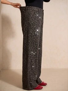 SHEIN MOD Plus Size Women's Leopard Print Casual Daily Wide Leg Denim Jeans - Brown - View 7
