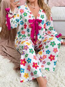 Slumberry CURVE Sweet & Cute Contrast Color Bowknot Colorful Floral Pattern Plus Size Pajama Set - Multicolor - View 3