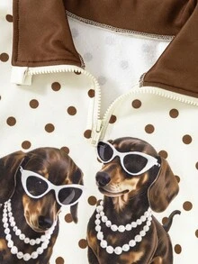 Girls Fall Winter Fleece Polka Dot Cartoon Dachshund Dog Half Zip Pullover - Brown - View 3