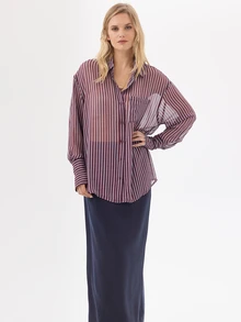 KÆRIA Hus Sheer Long Sleeve Button-Up Shirt - Chiffon - Burgundy & Blue Stripe - Relaxed, Workwear, Elegant - Pink - View 4