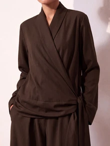 Zivah Solid Wrap Knot Side Blazer & Wide Leg Pants Suit Set - Brown - View 11