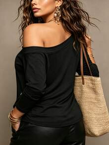 Weeklong Plus Size Women Asymmetric Collar Stud Decor Casual Everyday T-Shirt Blouse Autumn Winter - Black - View 2