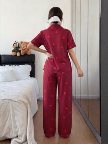 SHEIN 條紋愛心印花翻領短袖長褲女款睡衣套裝 - 彩色 - 查看 2
